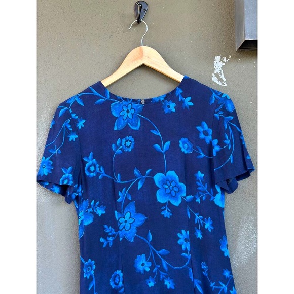 Vintage 90s DONNA RICCO Size 4 Navy Blue Floral Short Sleeve Back Zip Midi Dress - Picture 2 of 9